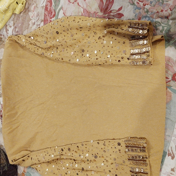 Pierre mustard color heavy beaded/sequined top. Long sleeves, plain back. Size L - Picture 5 of 6